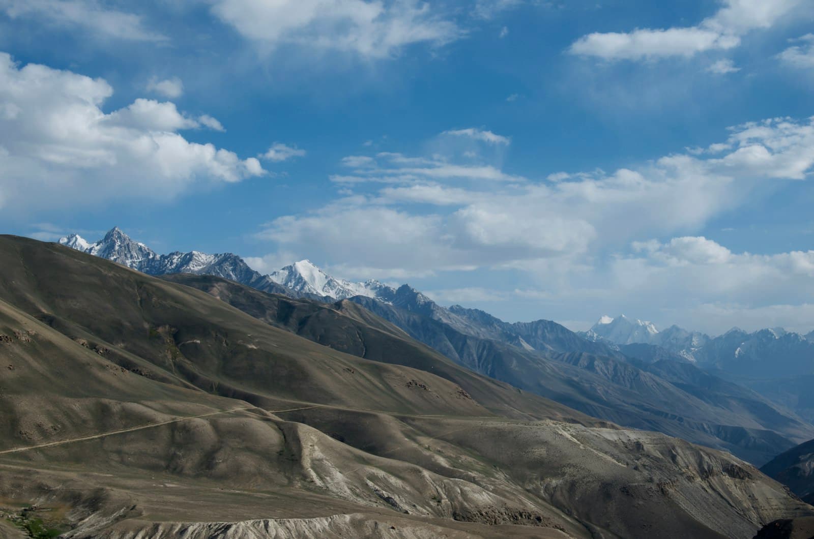 The Pamir Mountains, Tajikistan — brown and green peaks under a wide blue sky