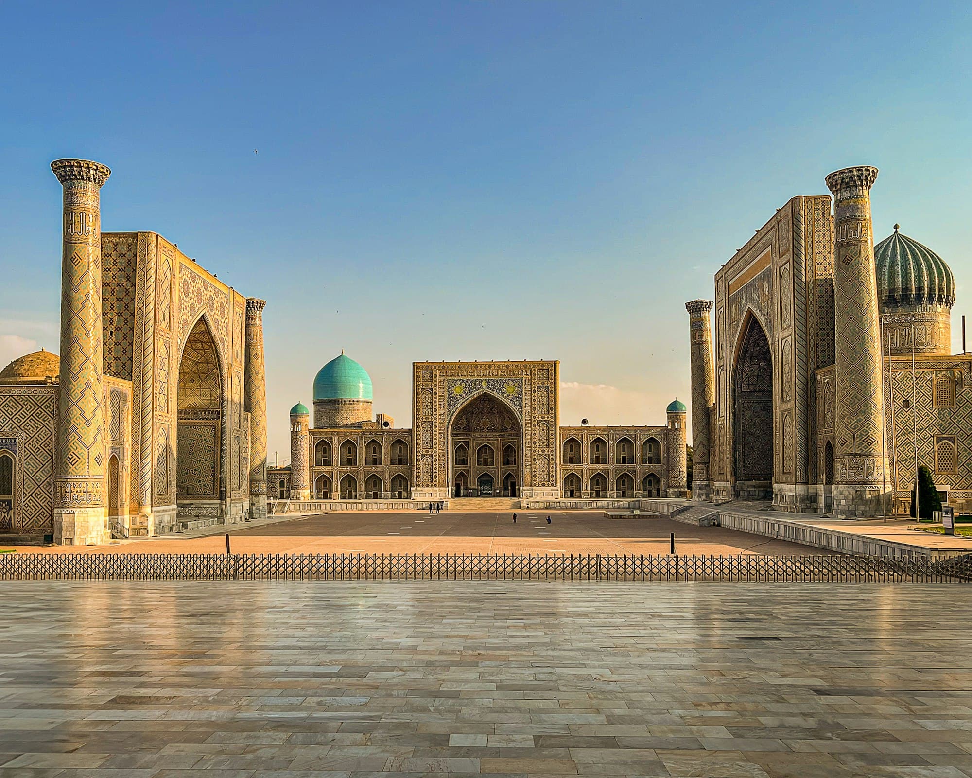 The Registan ensemble of madrasahs in Samarkand, Uzbekistan, at golden hour