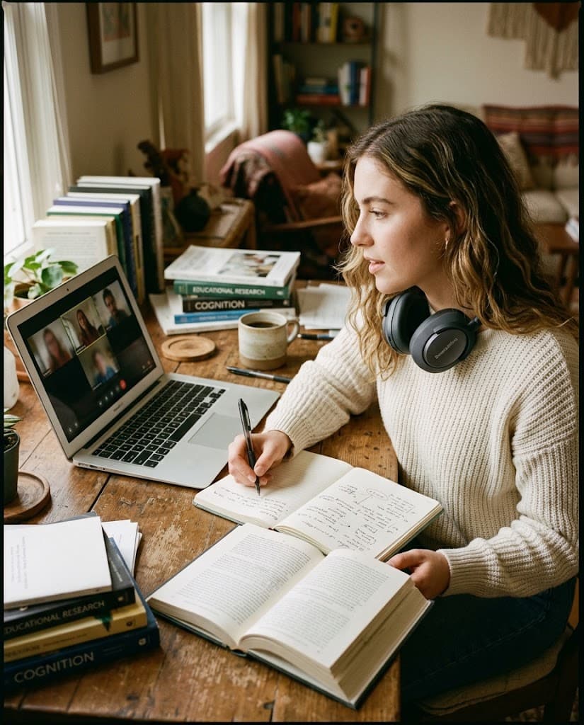 A test-taker studying — reading, writing, listening and speaking practice all in one session