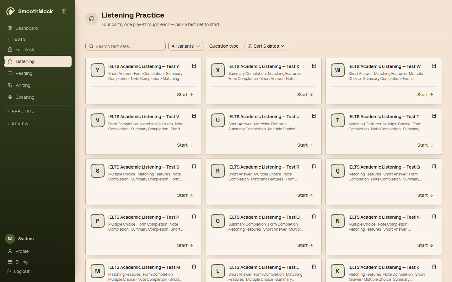 The Listening Practice page on SmoothMock, described as four parts with one play-through each, with a grid of test sets