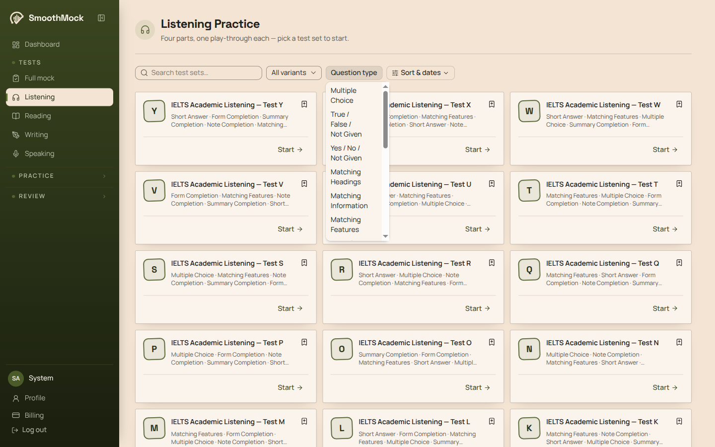 The Question type filter open on the Listening page, listing multiple choice, true false not given, yes no not given, matching headings, matching information and matching features