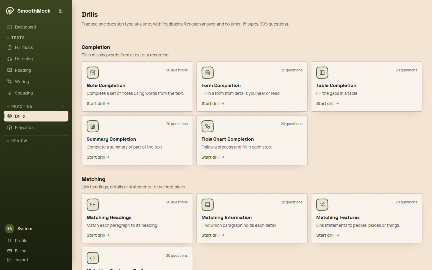 The Drills page on SmoothMock, with question types grouped into Completion and Matching