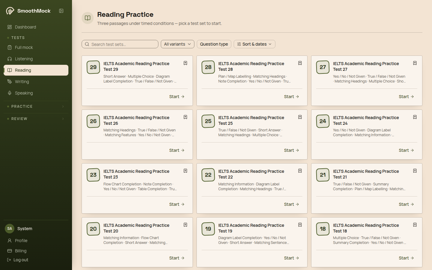 The Reading Practice page on SmoothMock, with a search box, filters and a grid of test sets, each with a Start button