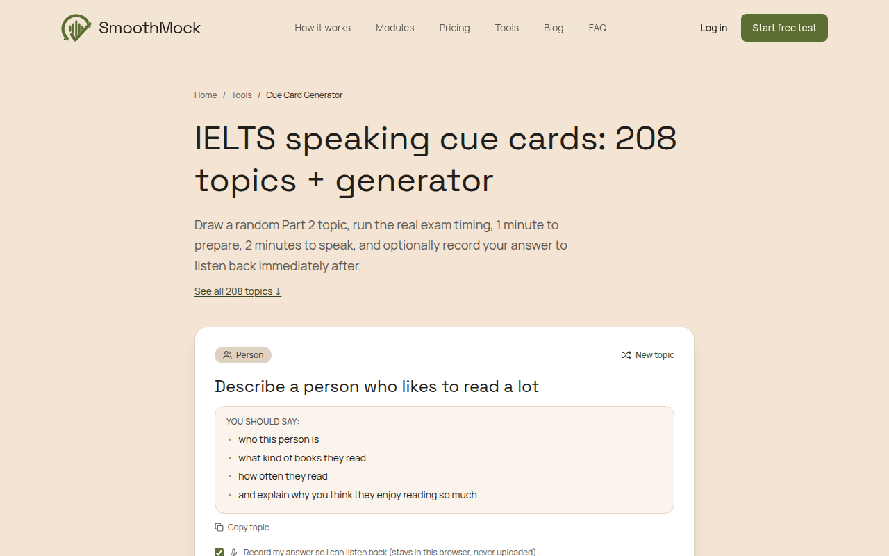 The SmoothMock cue card generator, showing the topic Describe a person who likes to read a lot with four prompts, a New topic button and a record my answer checkbox