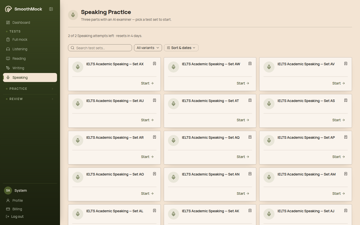 The Speaking Practice page on SmoothMock, showing the remaining Speaking attempts for the week above a grid of test sets
