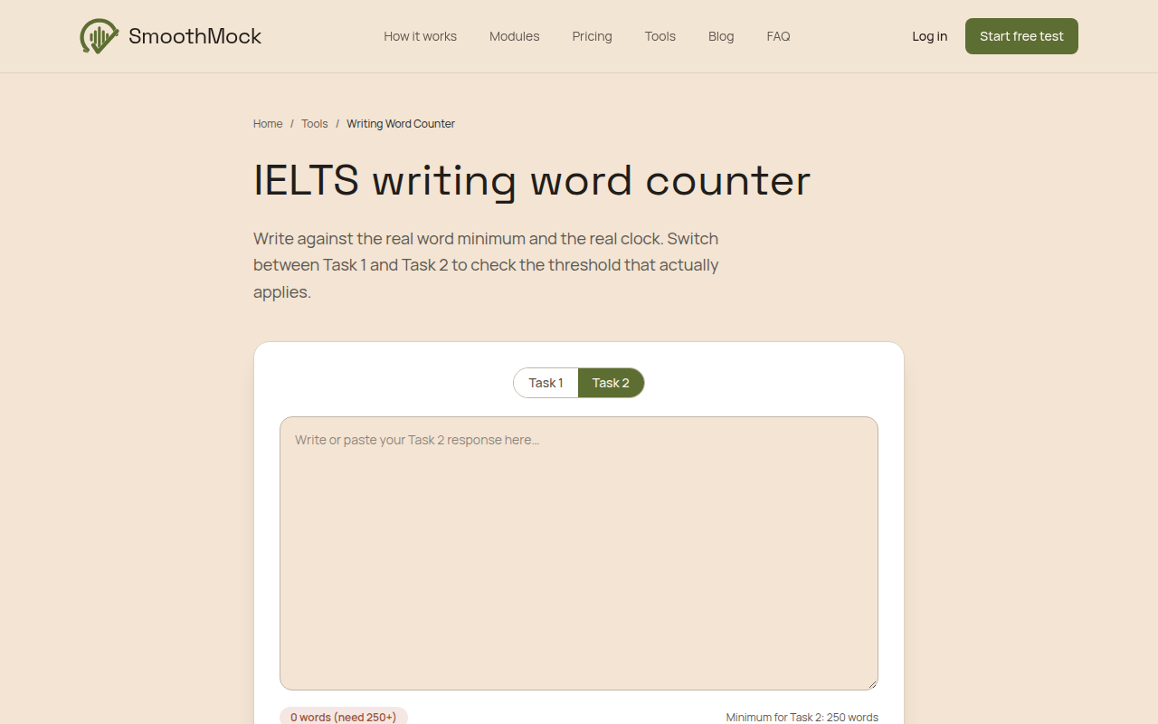 The SmoothMock IELTS writing word counter, with a Task 1 and Task 2 switch and a text box that shows words typed against the 250 word minimum