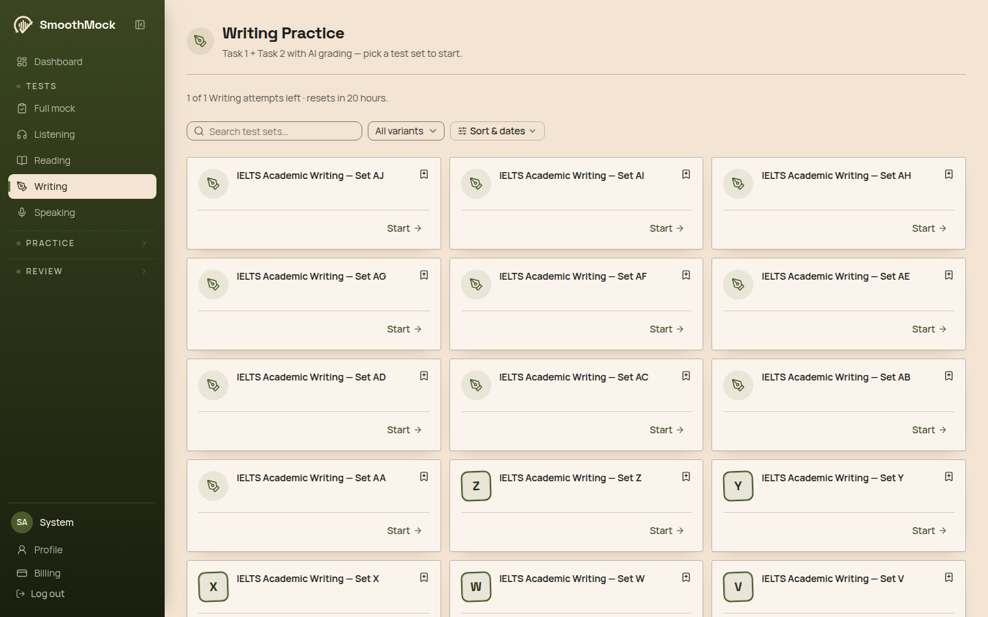 The Writing Practice page on SmoothMock, showing the remaining Writing attempts for the day above a grid of test sets